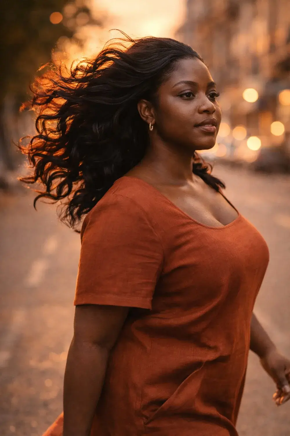 Outdoor editorial portrait with long black hair moving in warm backlight