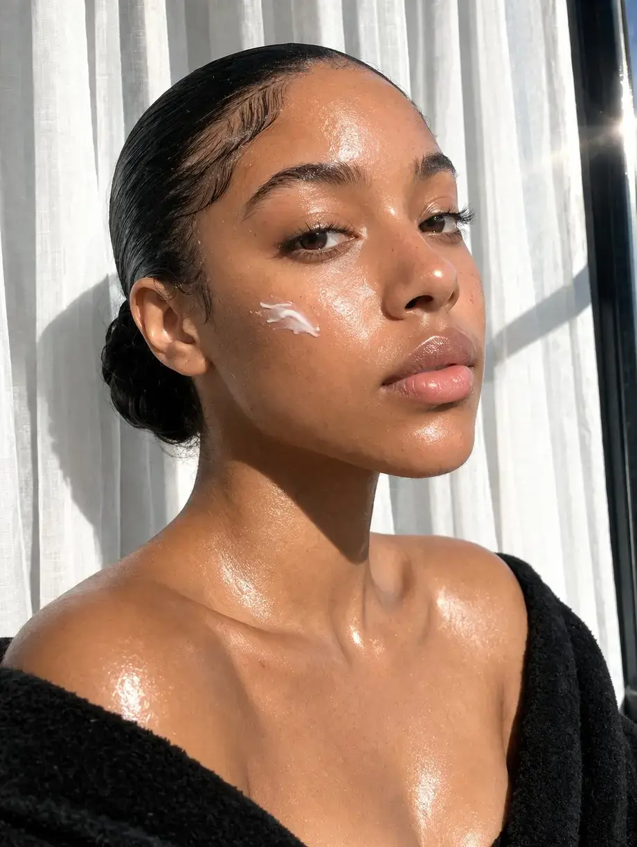 Editorial skincare portrait in direct sunlight